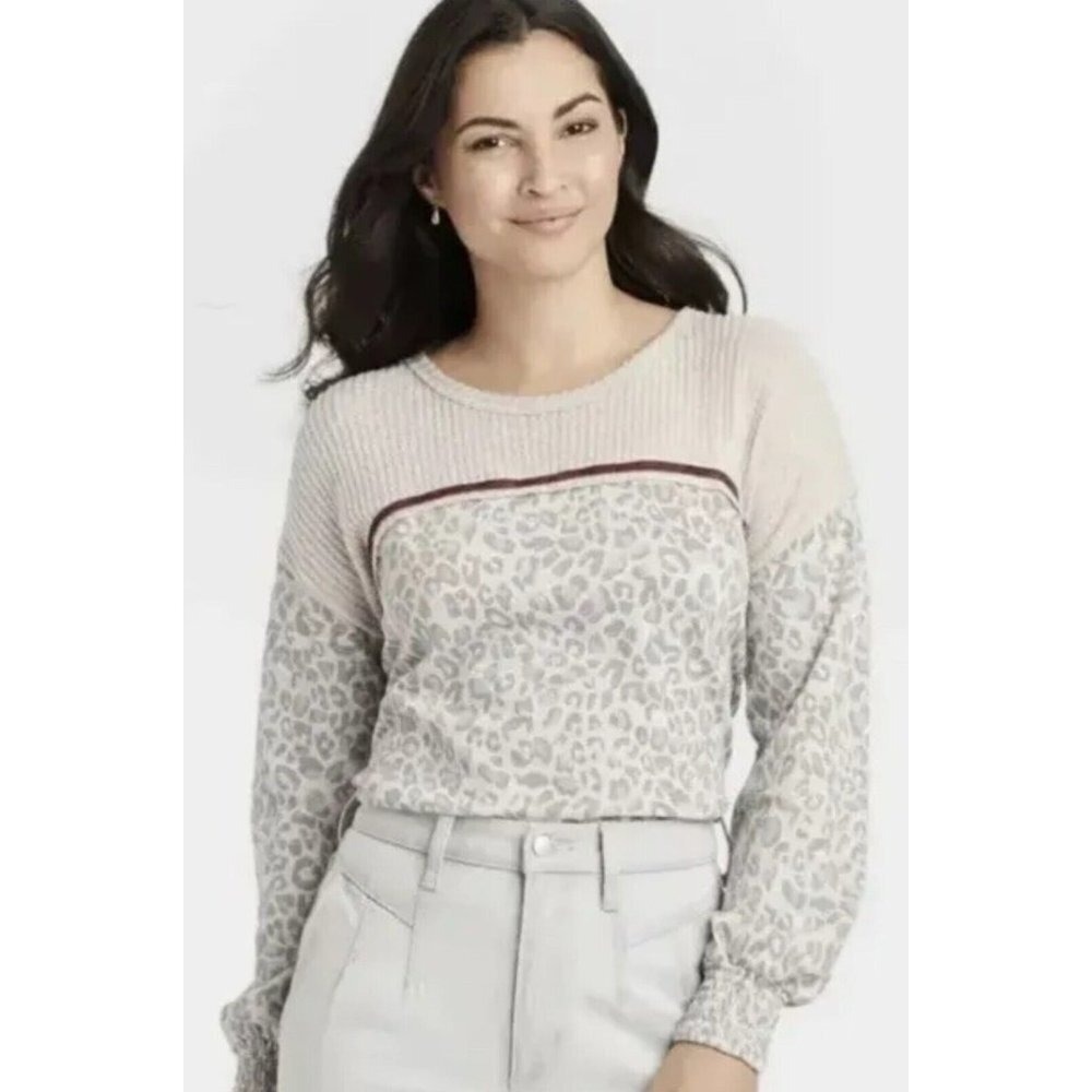 Knox Rose Mixed Media French Terry Leopard High-Low Long-Cinched-Sleeve Top M Nw